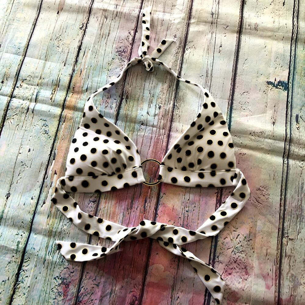 Victoria's Secret Bikini Top Womens Small White Black Polka Dot Triangle Halter